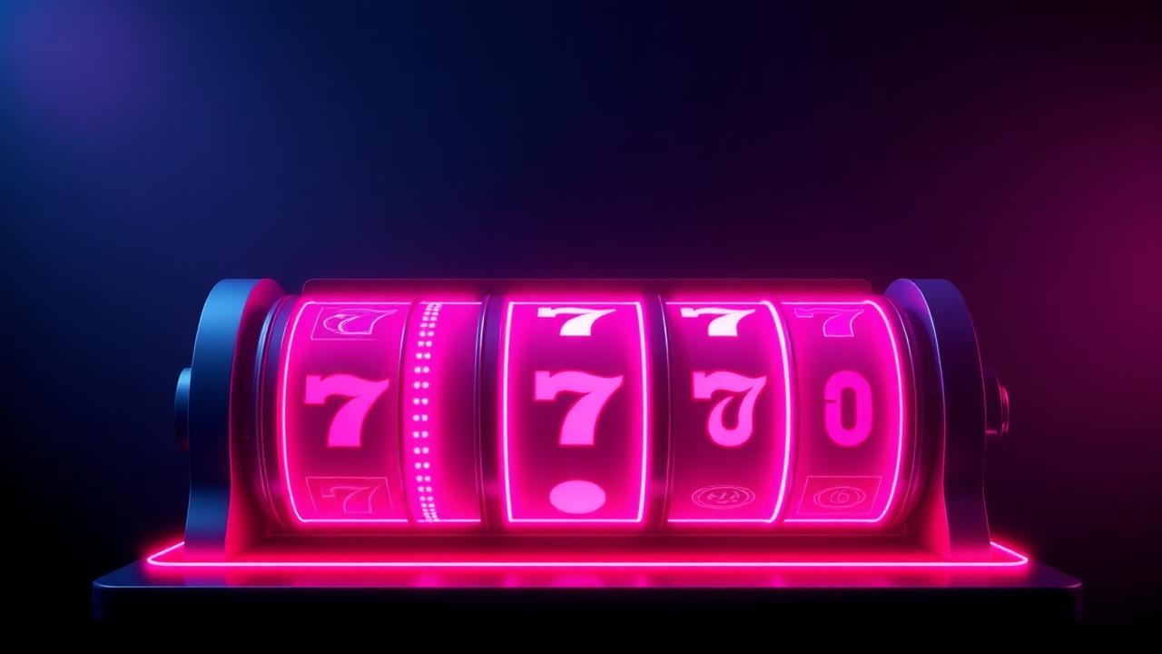 Neon roze slot reels op donkere navy achtergrond, Rakebit casino sfeerbeeld
