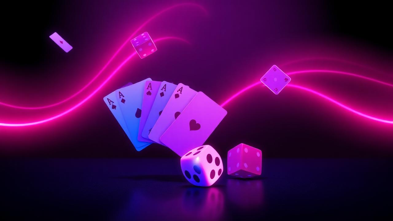 Rakebit casino sfeerbeeld met speelkaarten en dobbelstenen in neon roze