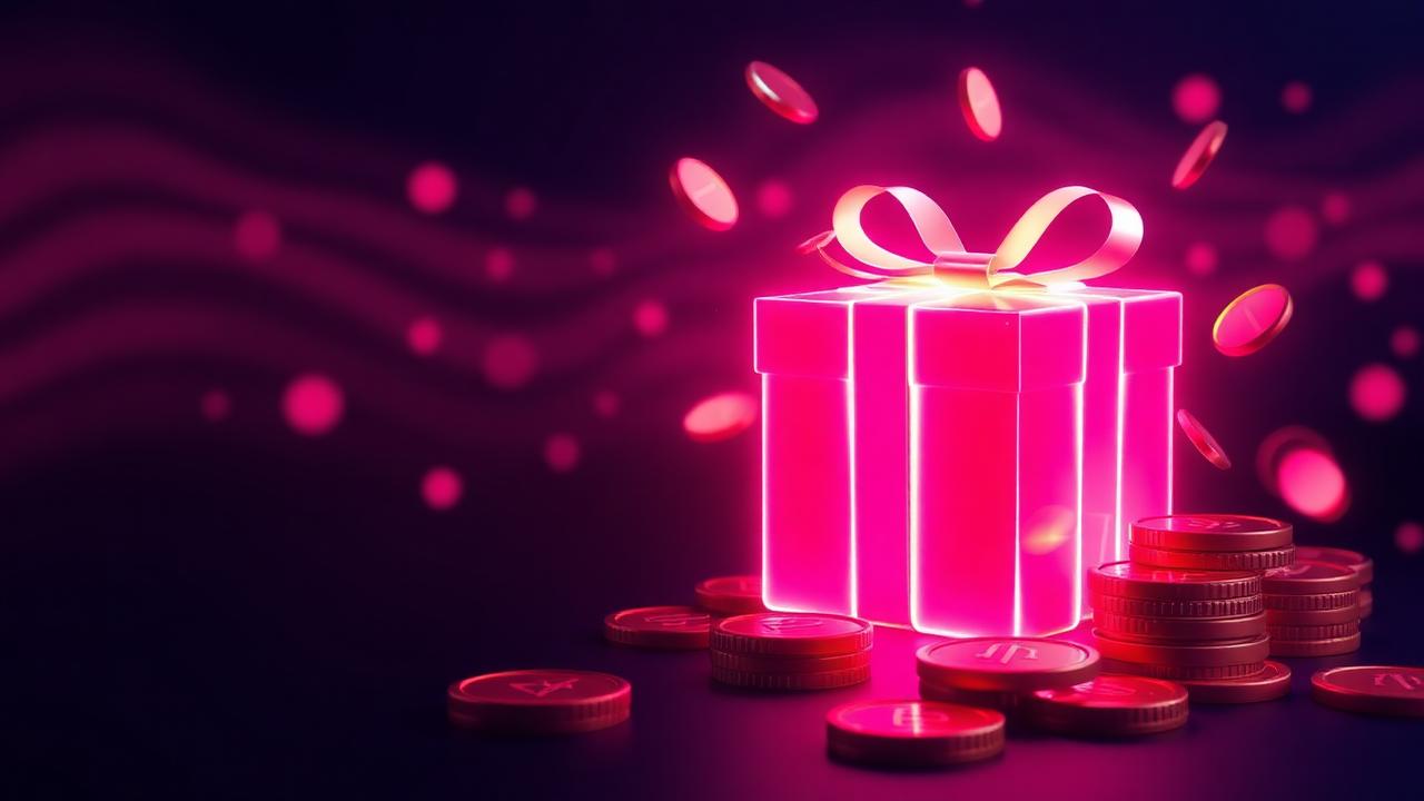 Roze neon cadeau met munten, Rakebit bonus sfeerbeeld
